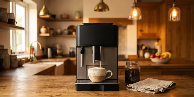 Bean to cup machine pouring cappuccino on a warm oak counter