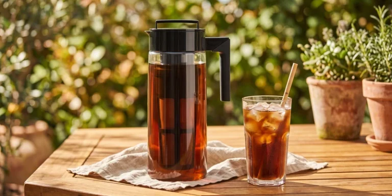 Cold brew pitcher on a sunny garden terrace table with iced coffee