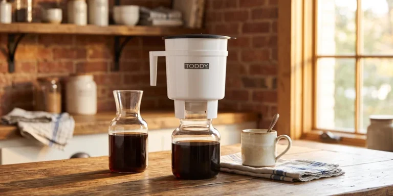 Cold brew brewing system on a farmhouse table with a carafe of concentrate