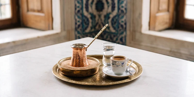Copper cezve beside a small cup of Turkish coffee