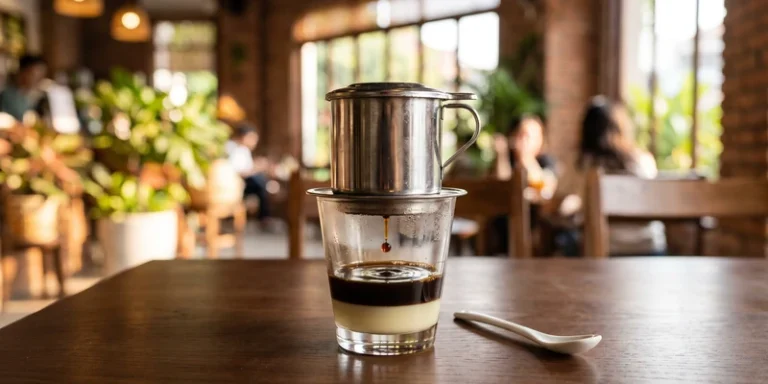 Stainless phin filter dripping coffee into a glass with condensed milk