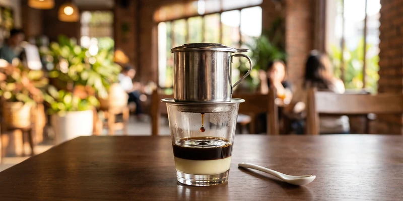 Vietnamese phin filter dripping coffee into a glass
