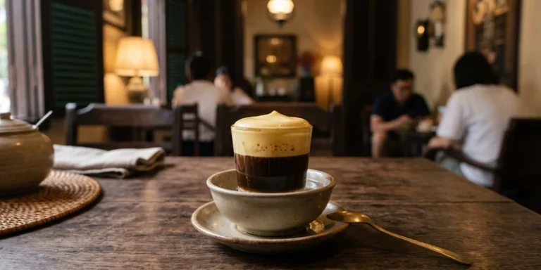 Glass of Vietnamese egg coffee topped with whipped egg cream in a Hanoi cafe