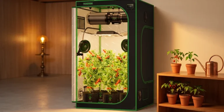 VIVOSUN grow tent with tomato seedlings in a warm basement growing corner