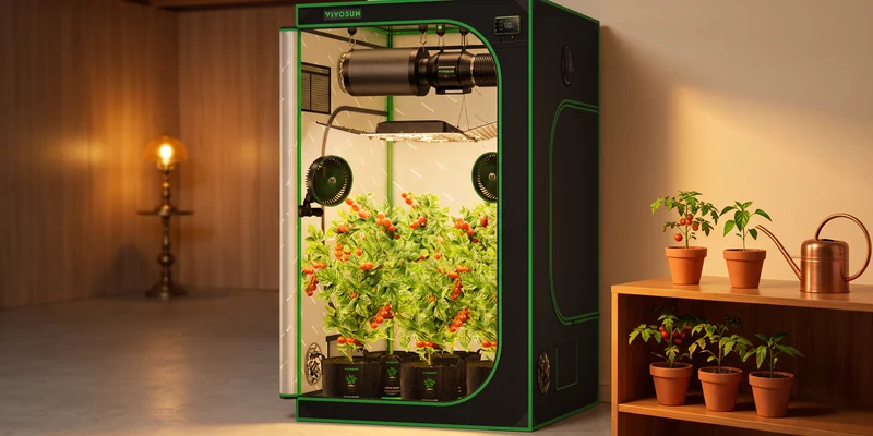 VIVOSUN grow tent with tomato seedlings in a warm basement growing corner