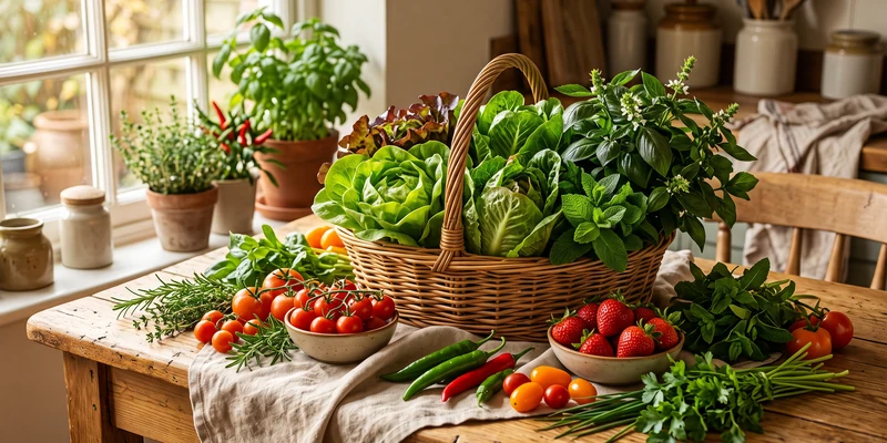 Table full of freshly harvested indoor lettuce, herbs, tomatoes and strawberries