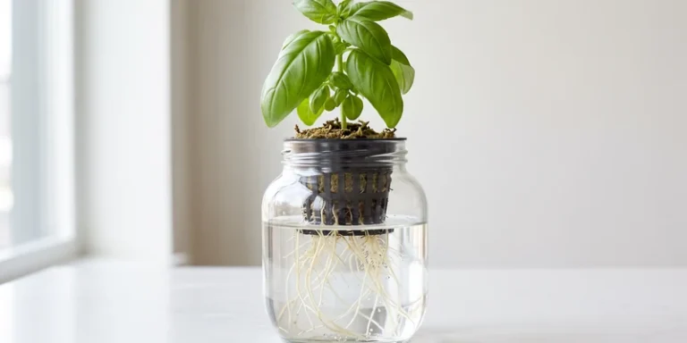 Glass vessel showing a plant in a net pot with white roots in clear water