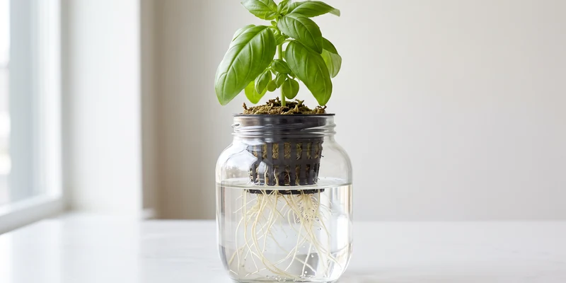 Plant roots in clear water in a glass vessel
